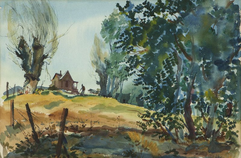Phil Latimer Dike N.A. (1906-1990 Claremont, CA): Country home in a landscape, signed lower right: Phil Dike, watercolor on paper under glass, sight size: 14'' H x 21.5'' W, est: $3000/5000
