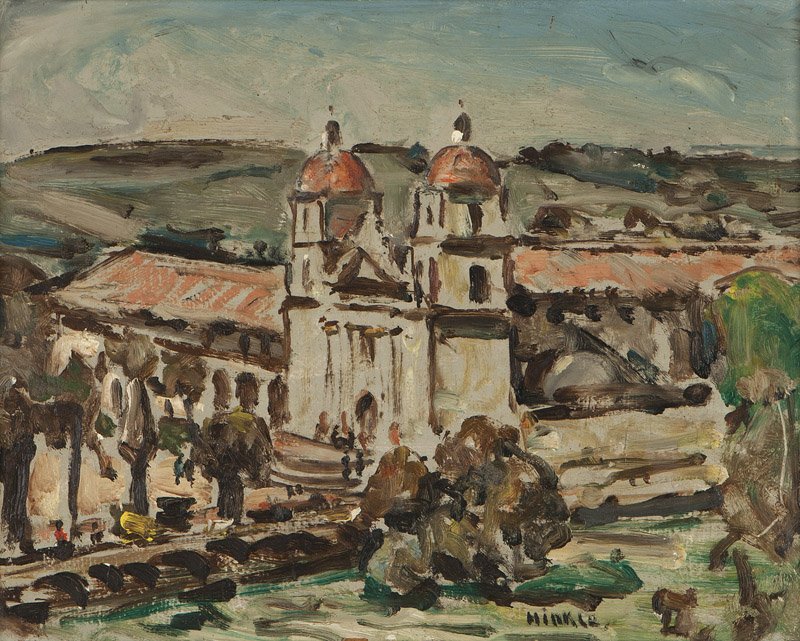 Clarence Hinkle (1880-1960 Santa Barbara, CA): Mission Santa Barbara, signed lower right: Hinkle, oil on board, 10.5'' H x 14'' W, est: $2000/3000