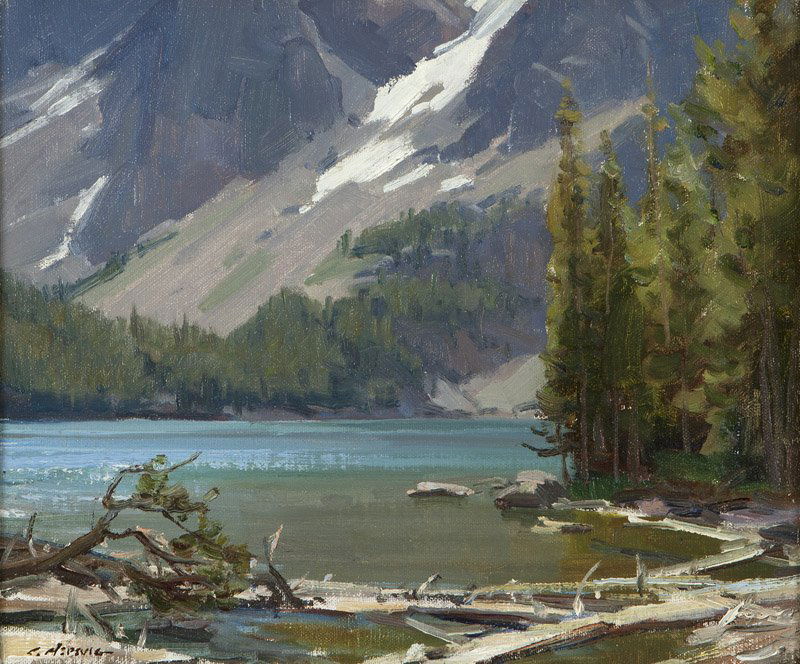 Clyde Aspevig (1951-* Loveland, CO): ''Slide Lake, Windriver, Wyoming'', signed lower left: C. Aspevig, titled on gallery label verso, oil on canvas laid to artist's panel, 10'' H x 12'' W, est: $1000/1500 Exhibited: Bohemian Club Art Ex