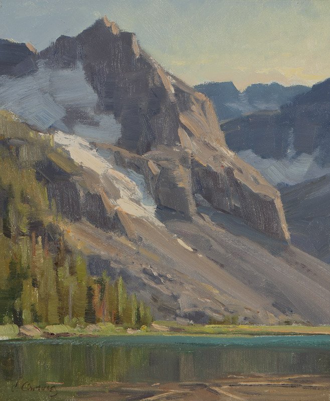Clyde Aspevig (1951-* Loveland, CO): ''Island Lake, Crazy Mountains'', signed lower left: C. Aspevig, titled on gallery label verso, oil on canvas laid to artist's board, 12'' H x 10'' W, est: $1000/1500