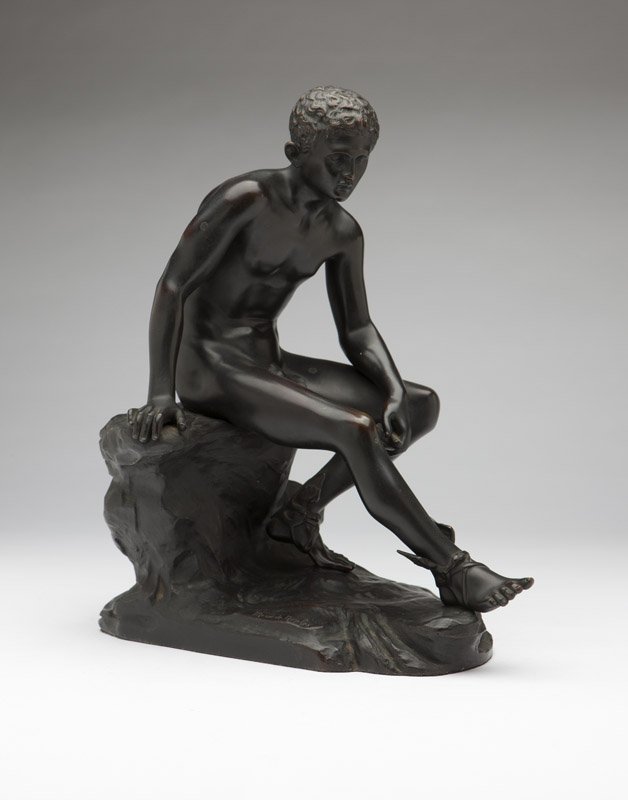 A patinated bronze figure of Hermes: Second half 20th century, incised ''Musee de Naples'', modeled after the Antique, 16'' H x 14.5'' W x 9.25'' D, est: $1000/1500 Note: This work is a smaller-scale copy of the bronze statue of Hermes i