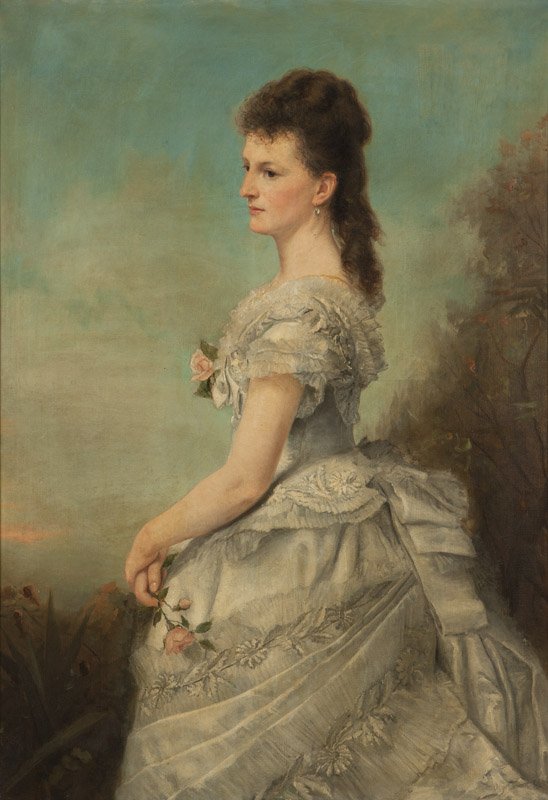 19th century French School: Miss Lida L. Craig, portrait of a lady, faintly signed and dated lower left ''J. de Mare 1873'', inscribed and dated verso: Paris, Sept. 1873, oil on canvas, 51.5'' H x 36'' W, est: $700/900
