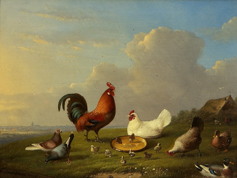 Franz van Severdonck (1809-1889 Belgian): Rooster, hen and fowl, signed and dated lower left: F. van Severdonck 1865, signed again and with an artist's description statement verso, oil on panel, 7'' H x 9.25'' W, est: $800/1200 Provenance: Da