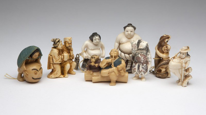 Eight ivory netsuke: Seven signed, one unsigned, depicting various figures, including a European man, the tallest 2.5'' H, 8 pcs, est: $600/900
