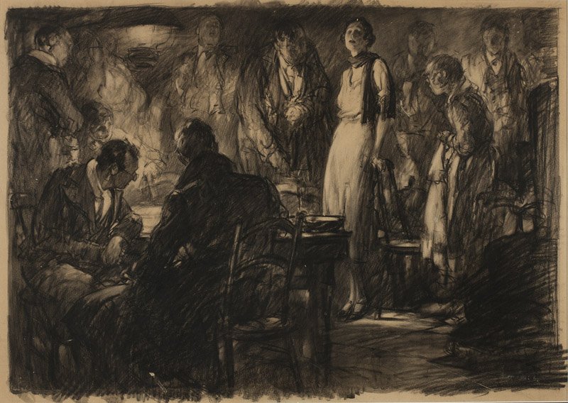 A Saturday Evening Post illustration: Figures in an interior, 20th century, American, possibly illegibly signed lower right, charcoal and wash on paper under glass, 15.25'' H x 21.5'' W, est: $800/1200 Literature: The Saturday Evening Pos