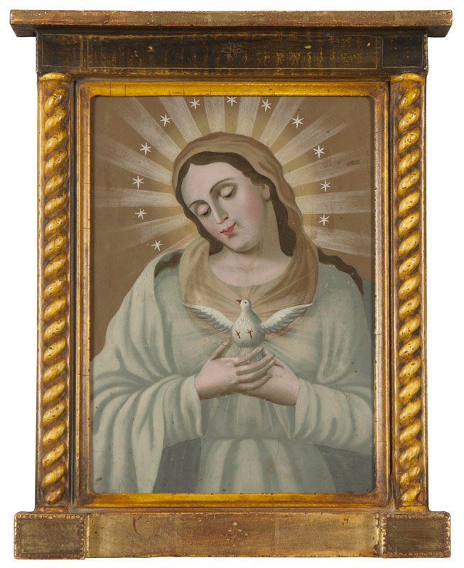 A gilt & polychrome retablo, El Alma de Maria: 19th century, oil on tin, framed, 14'' H x 10'' W, est: $200/300 Provenance: Maureen Murphy Fine Arts, Santa Barbara, CA; acquired by the present owner from the above