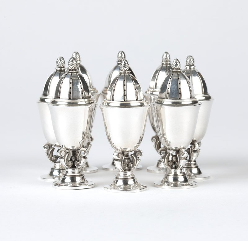Eight Georg Jensen 'Acorn' sterling silver salt &: After 1945, Copenhagen, designed by Johan Rohde, with maker's mark and designer's mark, further marked ''Sterling'', and ''Denmark'', pattern number 741, comprising four salt shakers and four pepper s