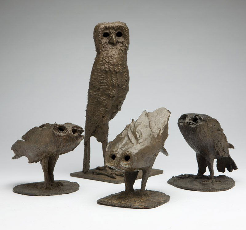 Aldo Casanova (1929 - * Claremont, CA): Four sculptures depicting owls, each signed, the first: ''Hawk Owl'', 1956, stamped ''Casanova'', numbered 4/10 (13.75'' H x 6.25'' W x 5.75'' D); the second: ''Owl III'', incised ''Casanova'', number