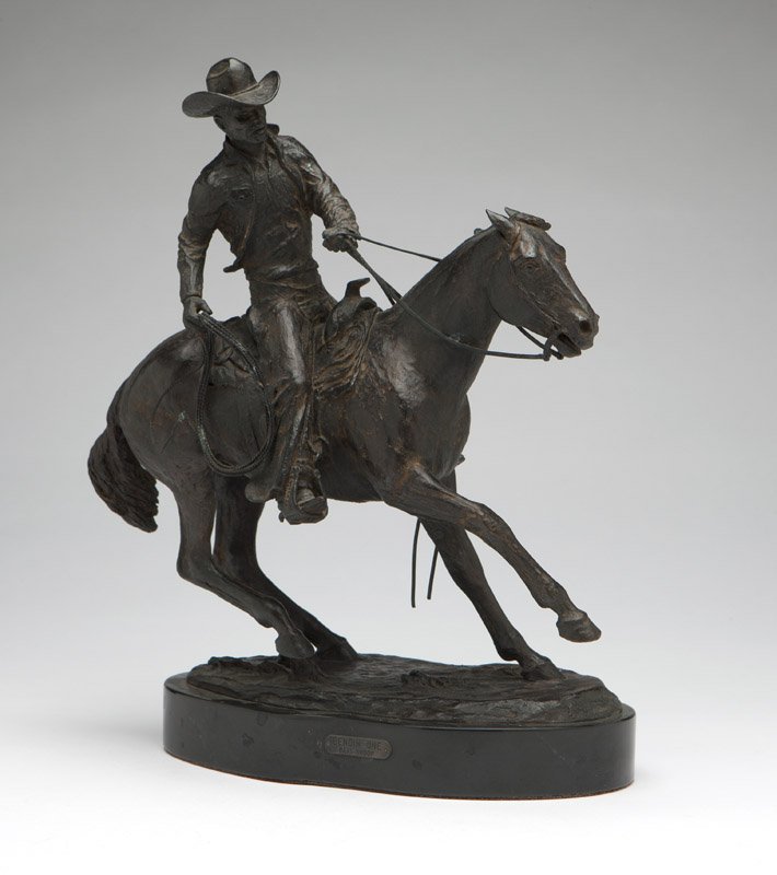 Gary Shoop (20th century Riverton, WY): ''Bendin' One'', cowboy on horseback, signed ''Gary Shoop'', numbered B026, and dated 1980, with copyright symbol, with thumbprint of artist and foundry seal WFS Italia, and with title plaque, patinat