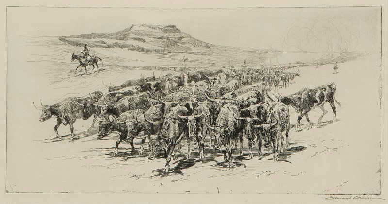 Edward Borein (1872-1945 Santa Barbara, CA): ''Trail Herd, No. 1'', signed in pencil lower right: Edward Borein, etching with drypoint on paper under glass, plate size: 6.75'' H x 13.75'' W, est: $2000/3000 Literature: Galvin, 100.