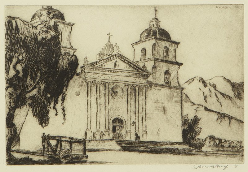 Henri Gilbert De Kruif (1882-1944 Los Angeles, CA): Mission Santa Barbara, signed and numbered in pencil lower right: Henri De Kruif 3 /, signed again in the plate upper right, etching on paper under glass, plate size: 6'' H x 9'' W, est: $200/400 Prov