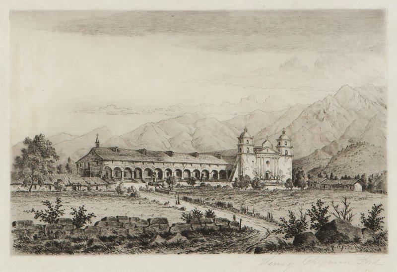 Henry Chapman Ford (1828-1894 Santa Barbara, CA): Mission Santa Barbara, signed in pencil lower right: Henry Chapman Ford, signed again in the plate lower right, etching on paper under glass, plate size: 8'' H x 12'' W, est: $800/1200 Provenance: Mau