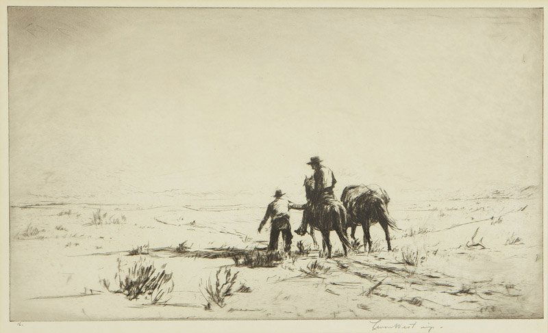 Levon West (1900-1968 New York, NY): Men and pack horses in the desert, signed and inscribed lower right: Levon West imp., numbered lower left: 16., drypoint etching on paper under glass, plate size: 9'' H x 15'' W, est: $200/400 Provena