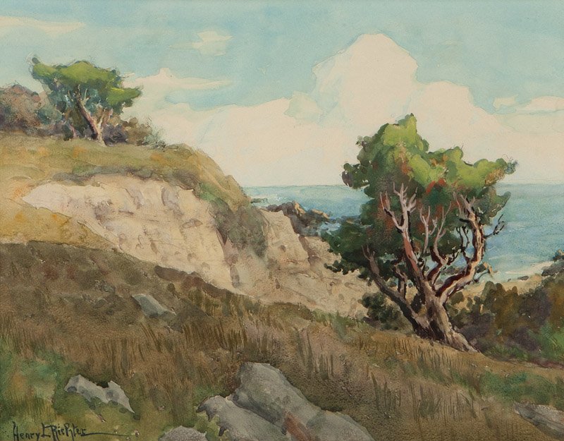 Henry Leopold Richter (1870-1960 Rolling Hills, CA): Coastal landscape with cypress, signed lower left: Henry L. Richter, watercolor on paper under glass, sight size: 11.75'' H x 14.75'' W, est: $500/700 Provenance: David and Sons Fine Arts, Laguna Beac