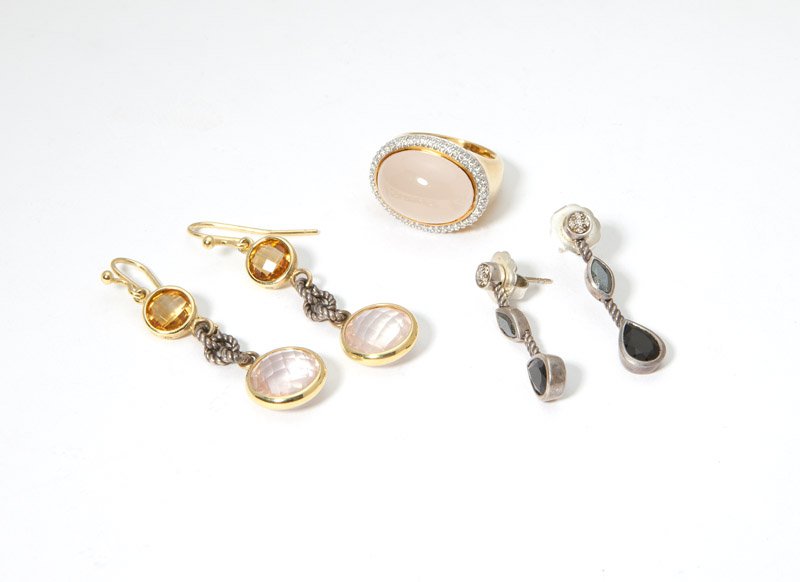 A collection of David Yurman jewelry: Comprising: a rose quartz, diamond and 18K gold ring; a pair of kunzite, citrine, gold and silver earrings; and a pair of silver earrings, size 6 shy; 5 pcs, est: $700/900
