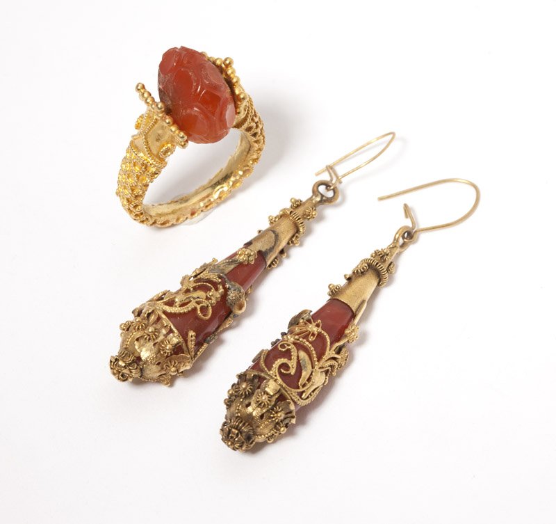 A group of antique carnelian and gold jewlery: Comprising: an 18K gold ring and a pair of gold-filled ear dangles, 8.1 gms gross on ring only, 3 pcs, est: $600/800