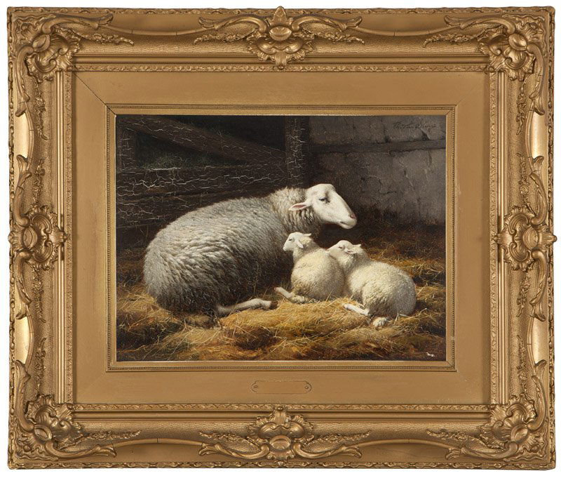 Theo Van Sluys (1849-1931 Belgian): Ewe and two lambs in a barn, signed upper right: Th. Van Sluys, signed again and inscribed verso: I declare that this painting has been painted by myself to the order of Hirschel Bieber & Schwartz, oi