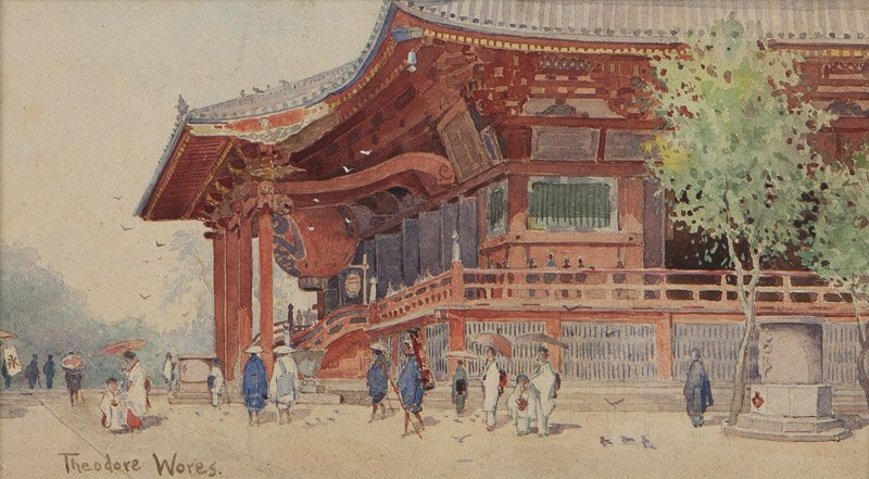 Theodore Wores (1859-1939 San Francisco, CA): Courtyard of Japanese pavilion, signed lower left: Theodore Wores, watercolor on paper under glass, sight size: 5.75'' H x 10.25'' W, est: $2000/3000