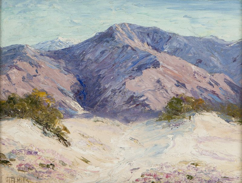 Anna A. Hills (1882-1930 Laguna Beach, CA): ''Verbena Mountains'', signed lower left: A.A. Hills, titled on a gallery label verso, oil on canvasboard, 12'' H x 16'' W, est: $4000/6000 Provenance: Private Collection, Dyer, NV