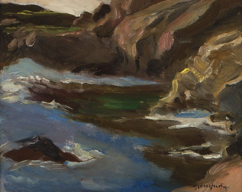 Paul Dougherty (1877-1947 Carmel, CA ): ''Point Lobos'', signed lower right: Dougherty, titled verso, oil on masonite, 7.5'' H x 9.5'' W, est: $2000/3000 Provenance: Sold John Moran Auctioneers, Inc., 11 June 2002, lot 306; Private Collecti