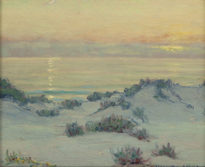 William Posey Silva (1859-1948 Carmel, CA ): ''The Young Moon, Carmel Coast'', 1921, signed lower right: William Silva, signed again, titled and dated verso: 1921, oil on board, 8'' H x 10'' W, est: $1500/2000 Provenance: William Karges Fine Art