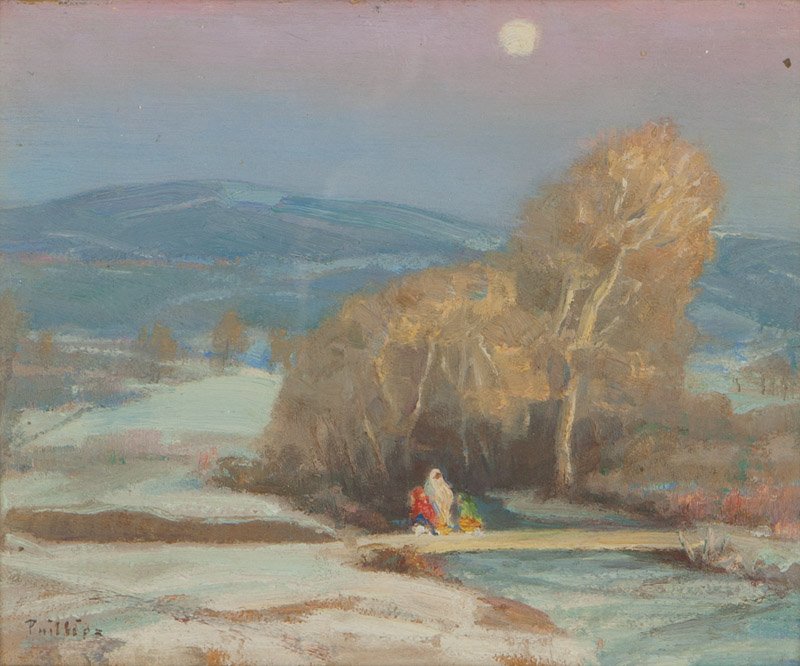 Bert Geer Phillips (1868-1956 Taos, NM): Indians crossing a footbridge, signed lower left: Phillips, oil on board under glass, 7.5'' H x 9.25'' W, est: $6000/8000 Provenance: Private Collection, Pasadena, CA
