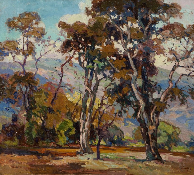 John Wesley Cotton (1868-1931 Glendale, CA): ''Gnarled Veterans'', Landscape with sycamore trees, signed with conjoined initials lower right: JCotton, signed again and titled on the stretcher verso, oil on canvas, 30'' H x 33'' W, est: $3000/500