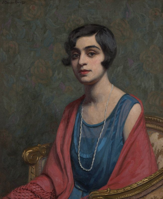 Joseph Mason Reeves Jr. (1898-1973 Los Angeles, CA): Portrait of a woman in a red shawl, signed upper left: J. Mason Reeves, oil on canvas, 28'' H x 23'' W, est: $1500/2000 Provenance: Private Collection, Pomona, CA