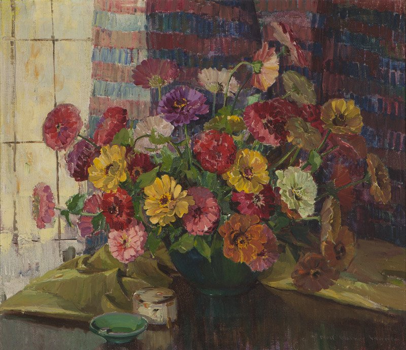 Nell Walker Warner (1891-1970 Carmel, CA ): Floral still life, signed lower right: Nell Walker Warner, oil on canvas, 26'' H x 30'' W, est: $2500/3500 Provenance: Private Collection, Wasilla, AK