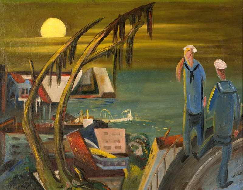 Francis Atlee Caldwell (1911-1996 Los Angeles, CA): Sailors overlooking Santa Monica Pier, signed lower right: Caldwell, oil on canvas, 22'' H x 28'' W, est: $2000/3000 Provenance: Private Collection, Morro Bay, CA