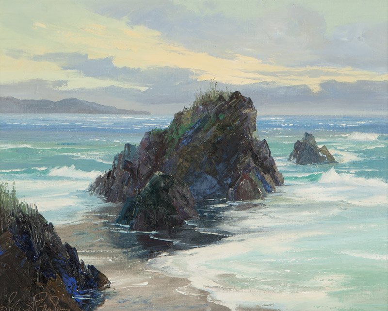 Bennett Bradbury (1914-1991 Carmel, CA): ''Sentinel Rocks'', signed lower left: Bennett Bradbury, signed again, titled and dated verso: 1978, oil on canvas, 16'' H x 20'' W, est: $1000/1500 Note: Inscribed verso: Happy 80th Birthday Bette!!