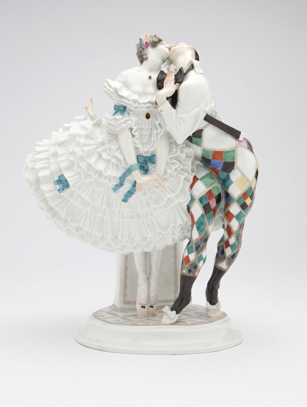 A Meissen porcelain figural group of Harlequin and: Circa 1914 - 1915, with underglaze blue crossed swords mark, incised model number ''D.287'' and impressed ''49'', modeled by Paul Scheurich on characters in the Russian ballet ''Le Carnival'', depicti