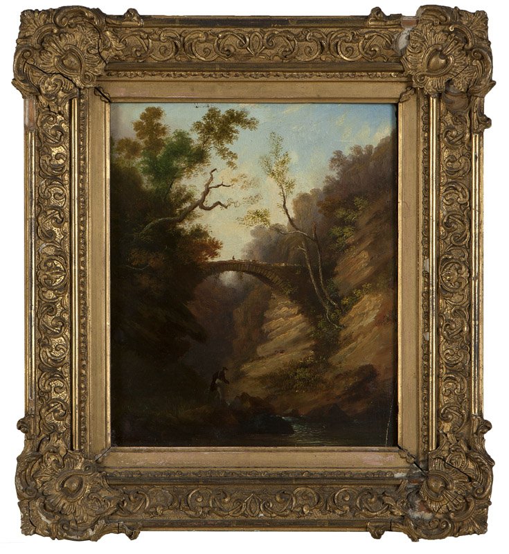 Frederick Richard Lee R.A. (1798-1879 United Kingdom): Bridge in a landscape, signed on panel verso: Frederick Richard Lee. R.A., oil on panel, 12'' H x 10'' W, est: $400/600 Provenance: Private Collection, Rancho Santa Fe, CA