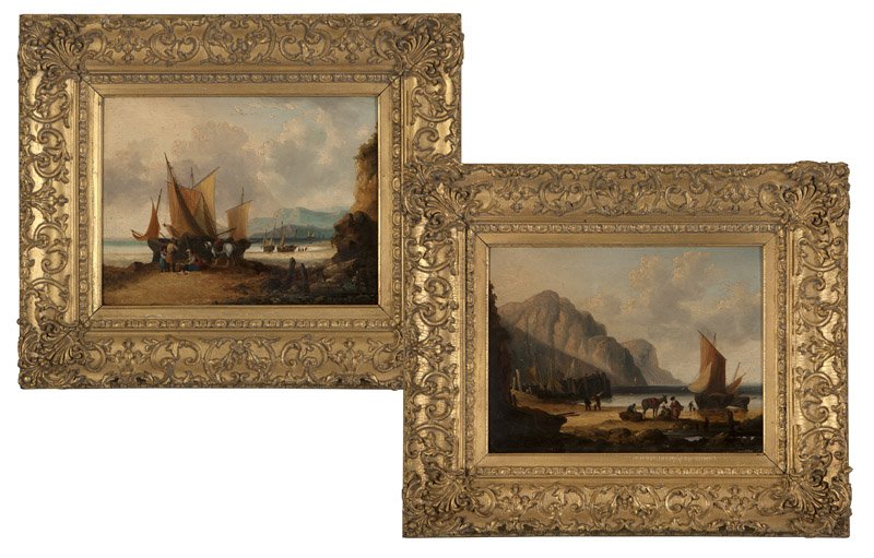 19th / early 20th century Continental School: Two harbor scenes with figures and boats, each: appears unsigned, each: oil on panel, each: 10.5'' H x 13.25'' W, est: $400/600 Provenance: Private Collection, Rancho Santa Fe, CA