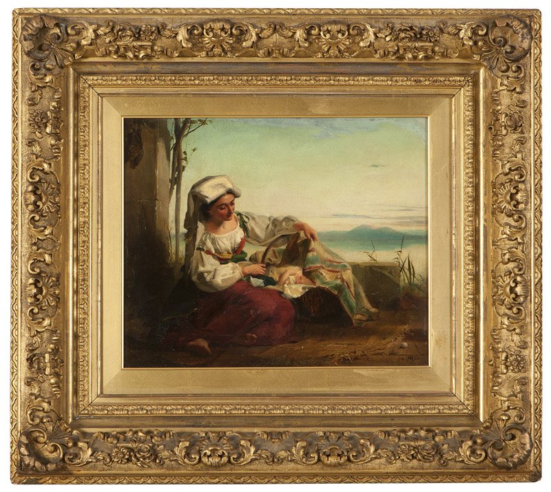 August Heinrich Riedel (1799-1883 German): Seated woman with child, signed with the artist's monogram device and dated lower right: 18 AR 60, oil on panel, 11.75'' H x 14'' W, est: $1200/1800 Provenance: Private Collection, Fullerton, CA