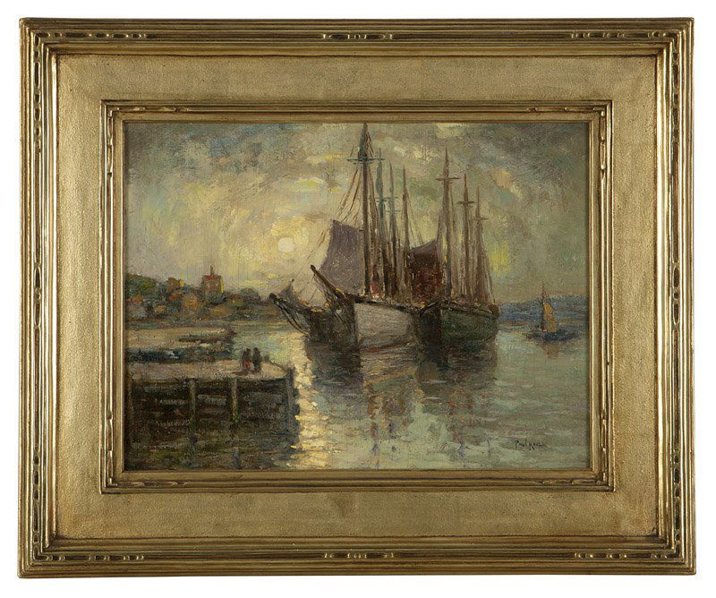 Paul King (1867-1947 Long Island, NY): Sailboats in a harbor, signed lower right: Paul King, oil on board, 12'' H x 16'' W, est: $500/700 Provenance: Private Collection, Rancho Santa Fe, CA