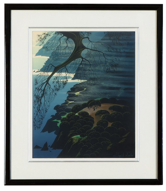 Eyvind Earle (1916-2000 Carmel, CA): ''Mystical Coastline'', 1986, signed lower right: Eyvind Earle, numbered lower left: 59/100, serigraph on paper under glass, sight size: 15.75'' H x 19.75'' W, est: $400/600 Note: Certificate of Authe
