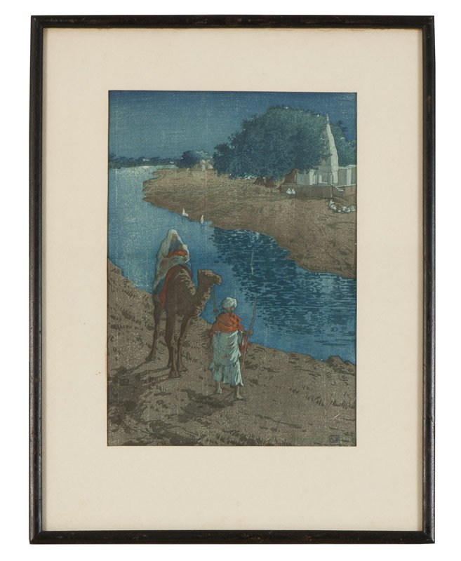 Charles William Bartlett (1860-1940 Honolulu, HI): ''By the River, Jaunpur, India'', signed with monogram in the plate lower right: CWB, titled verso, color woodblock on paper under glass, sight size: 14.25'' H x 10'' W, est: $500/700 Provenance: Priv