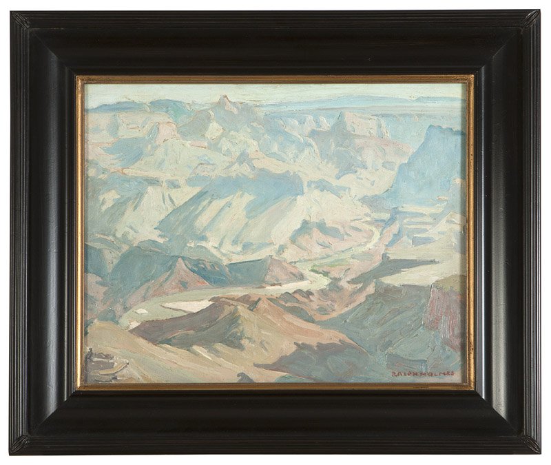 Ralph Holmes (1876-1963 San Luis Obispo, CA): ''Grand Canyon'', signed lower right: Ralph Holmes, titled on a gallery label verso, oil on canvasboard, 16'' H x 20'' W, est: $1000/1500 Provenance: Private Collection, Dyer, NV