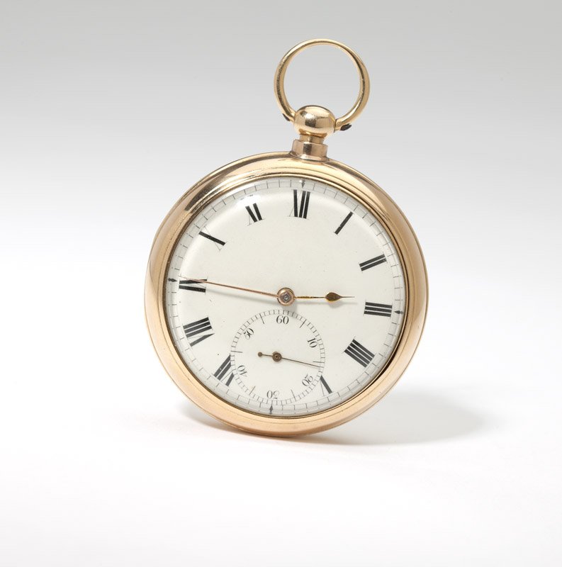 A gent's English gold pocket watch: The circular white porcelain dial with black Roman numeral hour markers, black minute track, sub-seconds dial, attached to a fusee & chain movement, initialed 'JP' number 1814, within a smooth finish