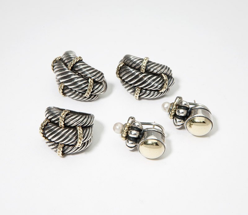 A group of silver and gold accent jewelry: Signed David Yurman, sterling silver with 14K gold accents, a three row cable ring with a pair of matching earrings together with a pair of silver, gold and cultured pearl earrings, maker's mark unkno