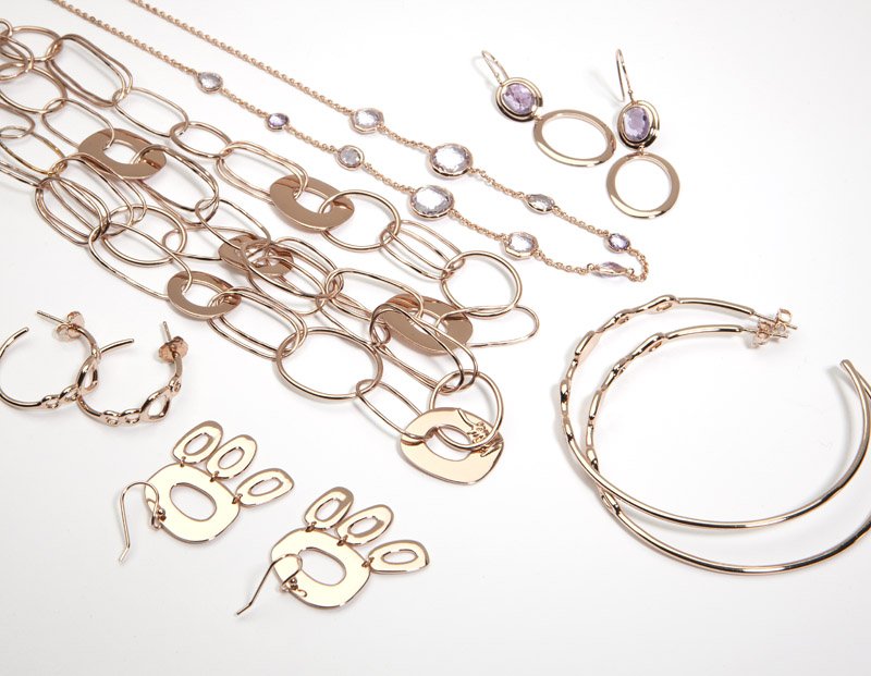 A collection of rose vermeil jewelry, Ippolita: Rose gold vermeil jewelry featuring one purple gem-set chain, one pair of purple gem-set earrings, three pairs of earrings and one openlink necklace, 10 pcs, est: $300/400