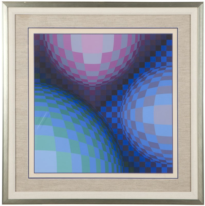 Victor Vasarely (1908-1997 French): ''Triond'', signed in pencil lower right: Victor Vasarely, numbered in pencil lower left: 213/250, color silkscreen on paper under Plexiglas, image size: 25.75'' H x 25.75'' W, est: $500/700 Note: Pub