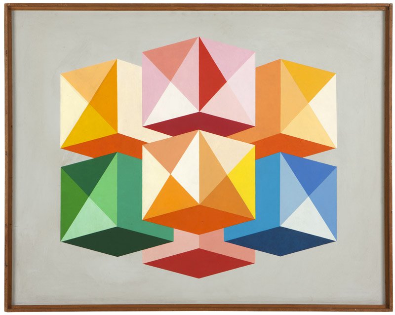 Dan Wiesendanger (1915-1996 Los Angeles, CA): ''Floating Blocks'', signed verso: Dan Wiesendanger, titled verso, oil on masonite panel, 48'' H x 60'' W, est: $500/700 Provenance: Private Collection, Los Angeles, CA