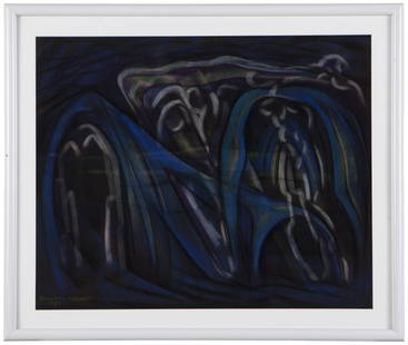 Dorothy Alden Morang (1906-1994 Santa Fe, NM): Dark abstract figure, signed and dated lower left: Dorothy Morang 1967, pastel on black paper under glass, sight size: 19.75'' H x 24.5'' W, est: $800/1200 Provenance: Private Collection, Little Rock,