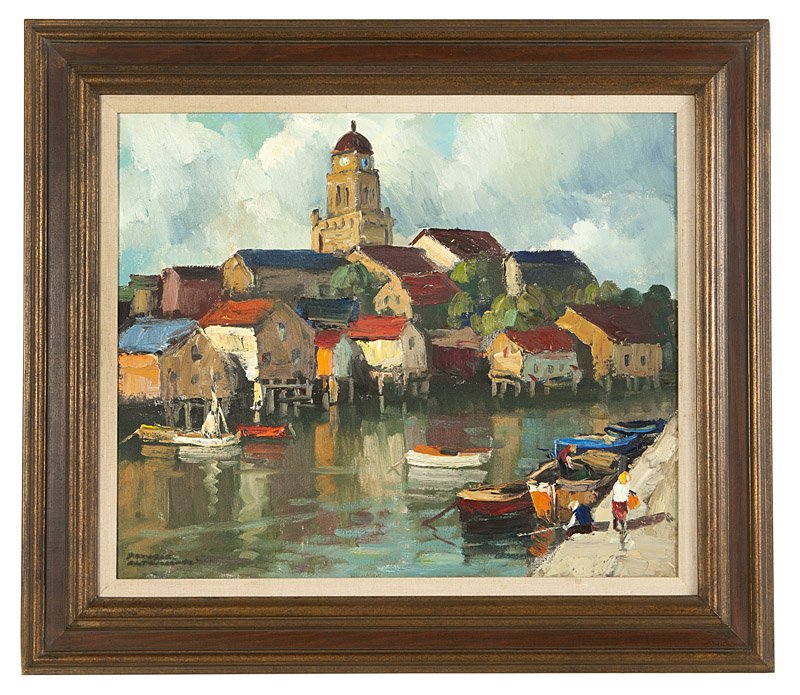 Arturo Pacheco Altamirano (1903-1978 Chilean): Boats near a village church, signed lower left: Pacheco Altamirano, signed again, dated and numbered on stretcher: 1962 / E - 700, oil on canvas, 21.5'' H x 25.5'' W, est: $600/900 Provenance: Estate,