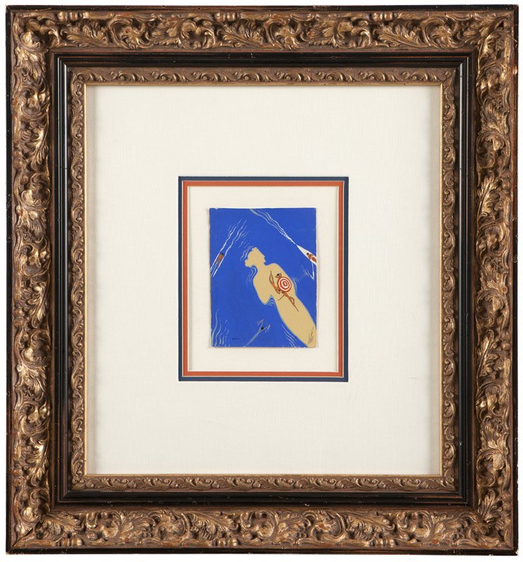 Romain de Tirtoff (Erte) (1882-1990 Russian): ''Venus et les Trois Graces'', signed lower right: Erte, signed again, studio stamped and titled verso, gouache on paper under Plexiglas, paper size: 6.5'' H x 5'' W, est: $400/600 Provenance: Private