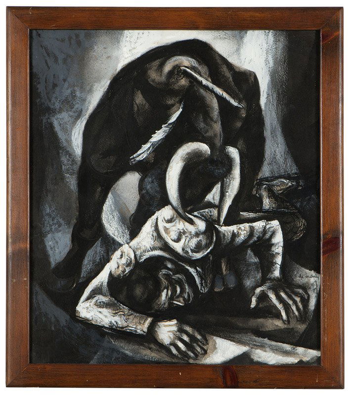 Francis De Erdely (1904-1959 Los Angeles, CA): Bull goring a matador, signed right center: de Erdely, mixed media on paper under glass, sight size: 28'' H x 24.25'' W, est: $800/1200 Provenance: Private Collection, Los Angeles, CA