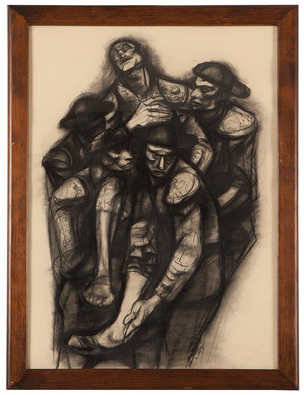 Francis De Erdely (1904-1959 Los Angeles, CA): An injured matador being carried away, signed lower right: de Erdely, charcoal on paper under glass, sight size: 33.25'' H x 23.25'' W, est: $600/800 Provenance: Private Collection, Los Angeles, CA