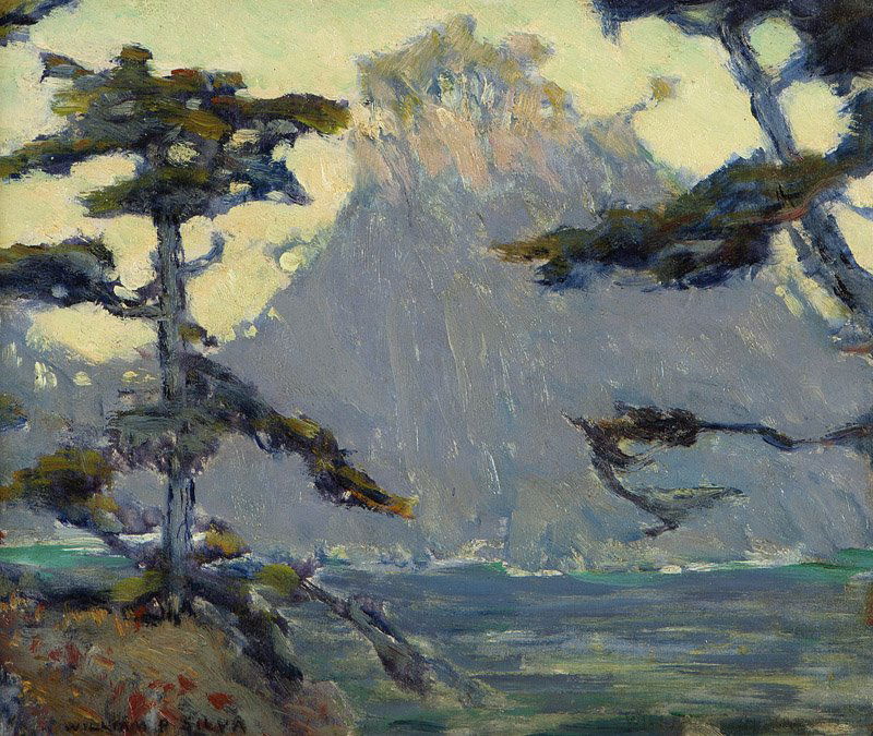 William Posey Silva (1859-1948 Carmel, CA): ''Sunset Hour, Point Lobos'', signed lower left: William P. Silva, titled and inscribed verso, oil on canvasboard, 10'' H x 12'' W, est: $1000/1500 Exhibited: Saint Mary's College of California, Morag